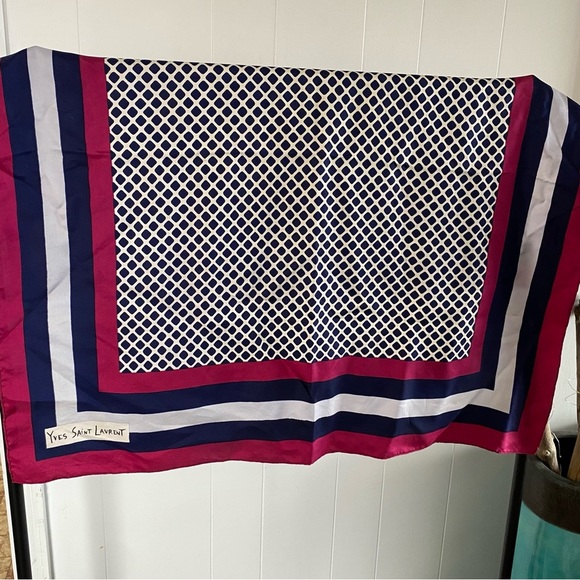 Vintage Yves Saint Laurent Silk Scarf Square Pink Blue Diamond Pattern Logo - Picture 3 of 16